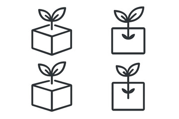 Sprout in a box line icon set. Plant growth, new business startup concept. Eco, bio, organic product symbol. Seedling development vector illustration for logo, web, app.