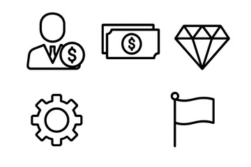 Business finance outline icons collection. User with money, dollar cash, premium diamond, settings gear, achievement flag. Minimal linear pictogram set for web, apps, UI design.