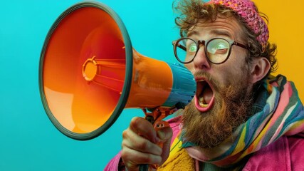 Bearded man with glasses and a megaphone, shouting loudly. - Powered by Adobe