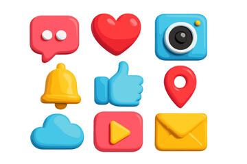 Social media icon set 3D rendering vector with like, heart, camera, notification bell, thumbs up, location, cloud, play button, and envelope symbols in bright cartoon style