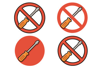 No screwdriver sign set. Do not repair or open. Forbidden tool icon. No assembly required warning symbol. Pictogram for interface and posts. Vector cartoon illustration.
