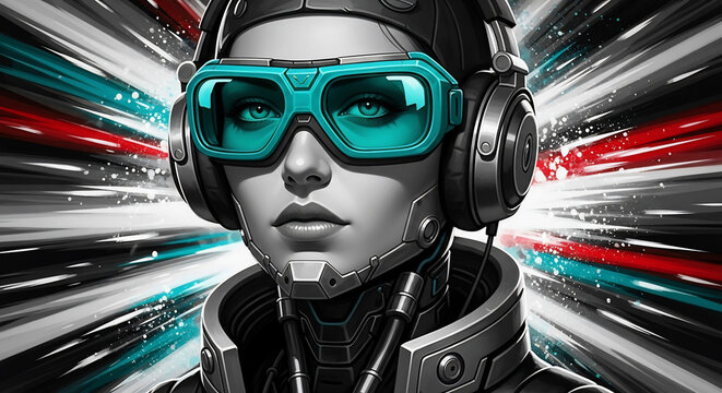 Futuristic cyborg portrait with neon goggles and headphones. Stylish digital artwork with vibrant energy lines in red, white, and blue