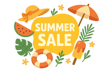 Summer sale vector banner design. Cartoon illustration for seasonal promotion with beach elements. Tropical vacation concept with watermelon, ice cream, sun hat and umbrella.