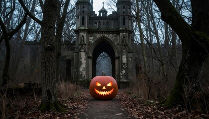 Illuminated pumpkin in an eerie graveyard