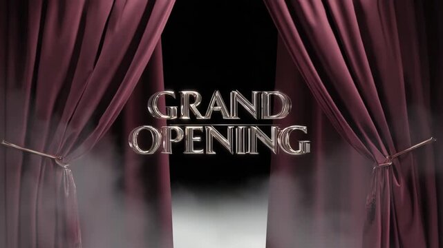 Grand opening text reveal with red velvet curtains, elegant theater stage background with smoke, luxury event announcement for business launch