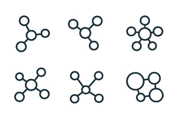 Molecule and atom outline icons set. Modern vector illustrations for science, chemistry, and technology projects. Symbols of connection, network, data structure, and chemical bonds.