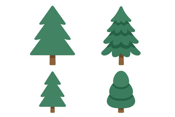 Forest tree icons set, cartoon green pine and fir trees with brown trunks, vector illustration for graphic design, website, cards, books, articles, nature landscape elements, ordered collection