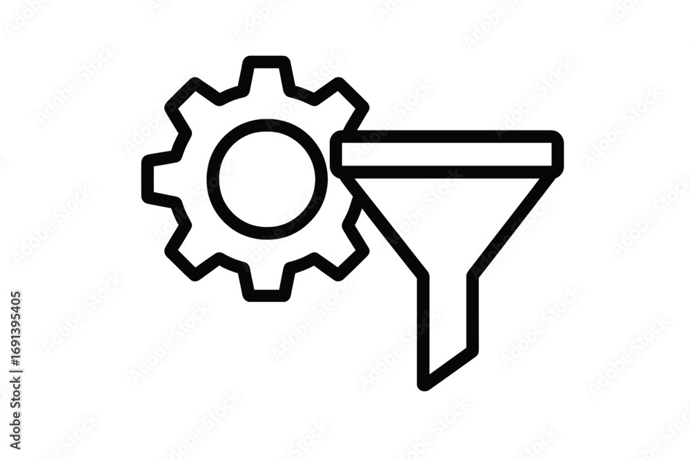 Poster data filter and settings icon. funnel and gear symbol for data processing, sorting, and analysis. co