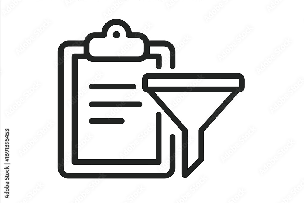 Poster clipboard and funnel line icon for data filtering, processing, and analysis. vector illustration of 