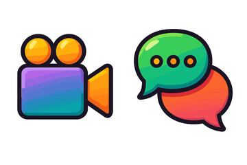 Video camera and chat bubble icons. Colorful cartoon vector illustration set for live streaming, online communication, social media app, video conference, and messaging.