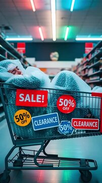 A person wrapped in bubble wrap sleeping in a shopping cart with sale signs in an empty store aisle. Vertical video. Black Friday humor. 4K.