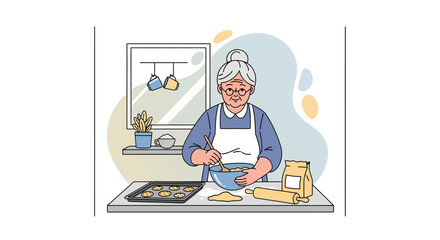 Grandma Baking Cookies Sweet Home Kitchen Illustration