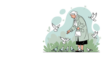 Obraz premium Elderly Woman Feeding Pigeons in a Park Kindness Peace and Nature Illustration