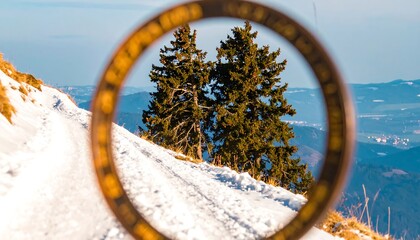 Mountain view framed by a circular object