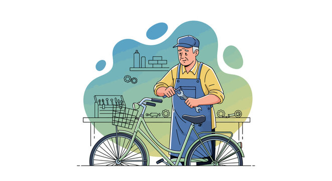 Senior Bicycle Mechanic Repairing Bike Vector Illustration