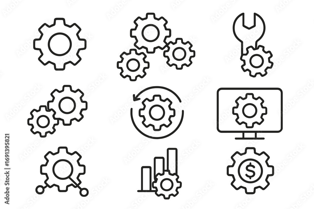 Poster gear line icon set. cogwheel vector symbols for process, settings, and system. workflow, automation,