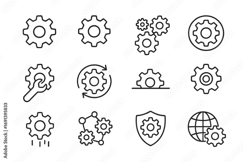 Poster gear line icons set. cogwheel and settings symbols. concepts for process, configuration, engineering