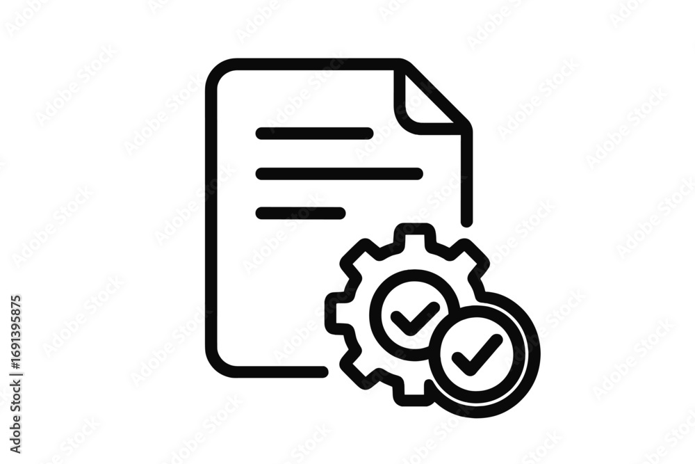 Poster process automation icon. document with gear and checkmark for project management. workflow complete.