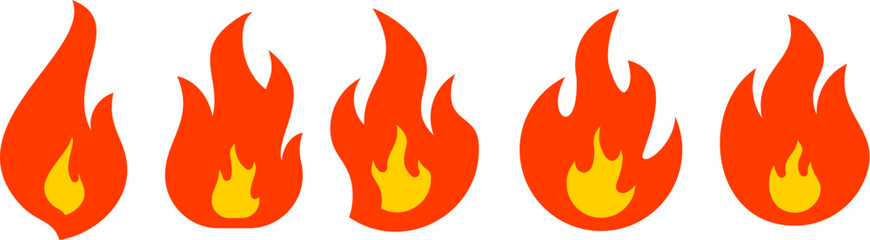 A set of five vibrant flame vector icons in cartoon style. Digital design, stickers, app graphics, game elements, educational material, or decorative illustrations.