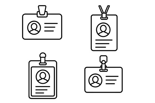 Employee ID badge outline icon set. Staff identification card, name tag and security pass vector collection. Corporate identity access card with lanyard and clip symbol.