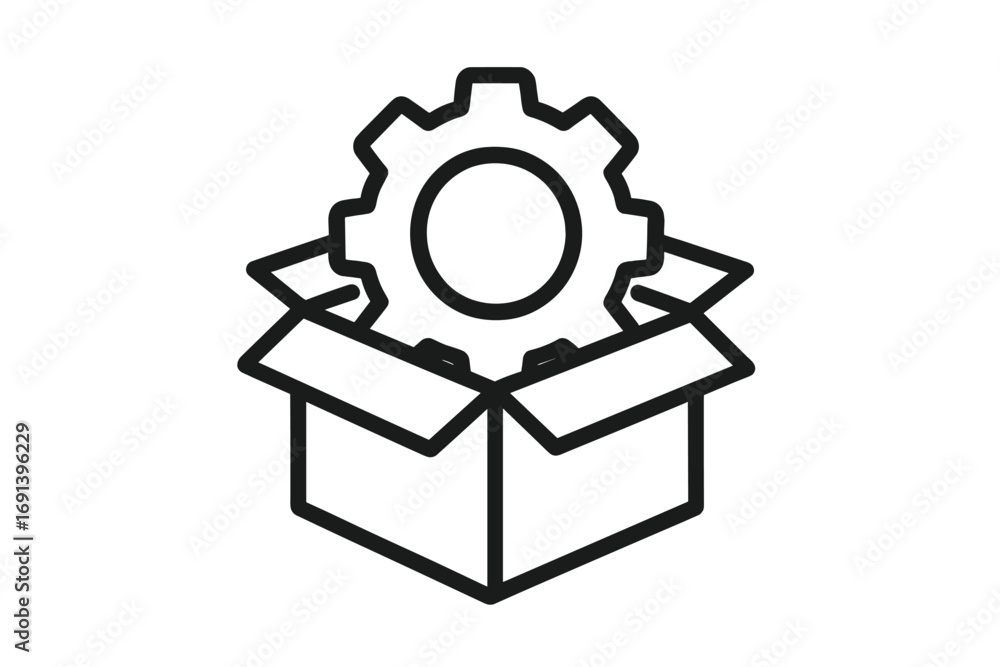 Poster product setup icon with gear in an open box. unpacking a new feature, solution, or idea. installatio