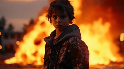A young boy standing in the wake of a raging fire, showing resilience amidst tragedy.