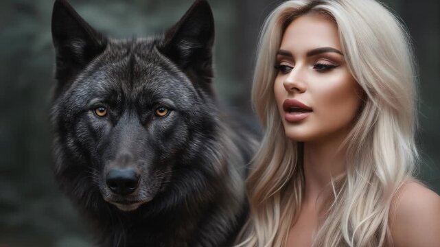 Mysterious connection between blonde woman and dark wolf in forest setting