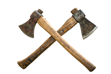 Two old fashioned wooden axes are crossed over each other on AI generated by PNG