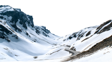 Snow-covered mountain pass with winding road isolated on white background