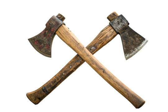 Two old fashioned wooden axes are crossed over each other on AI generated by PNG