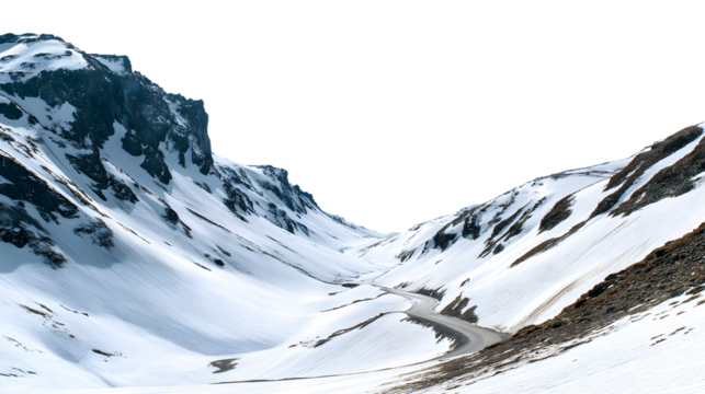 Snow-covered mountain pass with winding road isolated on white background