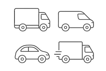 Delivery truck, van, car thin outline icon set. Transport logistics, fast shipping service vector symbols. Vehicle pictogram collection with editable stroke for web and apps.