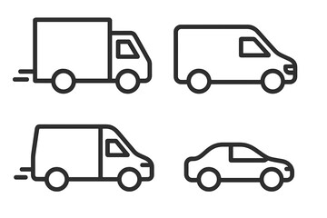 Delivery truck, van, car line icon set. Logistics and transport vehicle symbols. Fast shipping and freight service concept. Editable stroke vector pictogram collection for web.