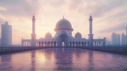 Majestic mosque at dawn, bathed in soft light.