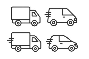 Delivery truck and van line icon set. Fast shipping and logistics vehicle symbols. Express courier service transport icons for web and apps. Editable stroke vector collection.