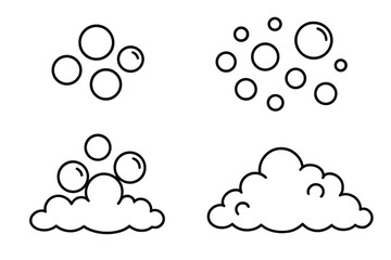 Bubble and foam icon set. Editable stroke vector illustration for graphic design. Soap suds, fizzy drink, or water effect elements. Line art cartoon style collection.