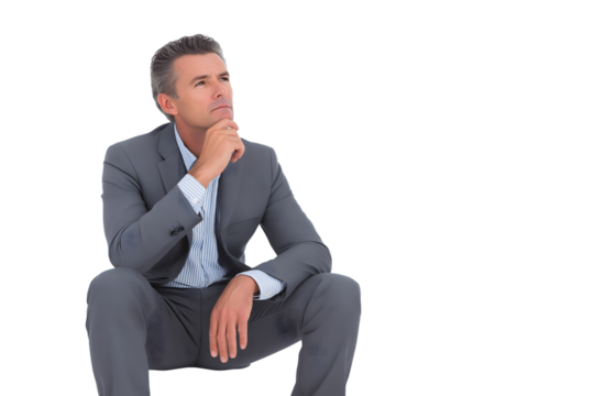 Thoughtful businessman deep in thought  isolated on white background