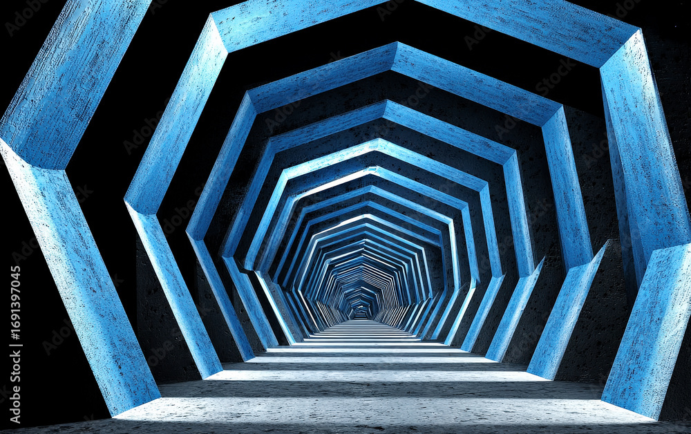 Poster abstract geometric tunnel with blue hexagonal patterns