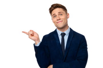 professional businessman pointing towards something isolated on white background