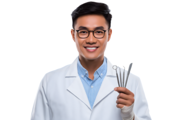 smiling professional asian dentist holding tools isolated on white background