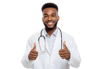 smiling doctor giving thumbs up with stethoscope isolated on white background