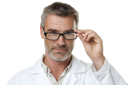 man in eyeglasses and white lab coat, looking thoughtful and wise isolated on white background - Powered by Adobe