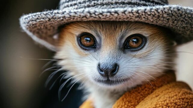 Cute puppy of the desert, fennec in a hat
