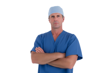 serious medical professional portrait with folded arms isolated on white background