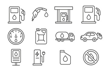 Gas station and fuel line icon set. Petrol pump, oil can, tanker truck, car, and EV charging station outline icons. Vector pictograms for transport and energy concepts.