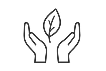 Obraz premium Hands holding leaf line icon. Symbol of ecology, nature protection, environment conservation. Concept of growth, care, sustainability, organic, natural, vegan, eco-friendly.