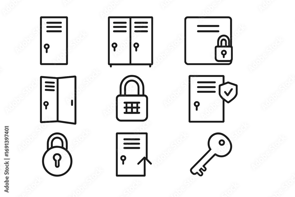 Poster locker and data security line icon set. concepts of safety, storage, and privacy. vector icons of pa