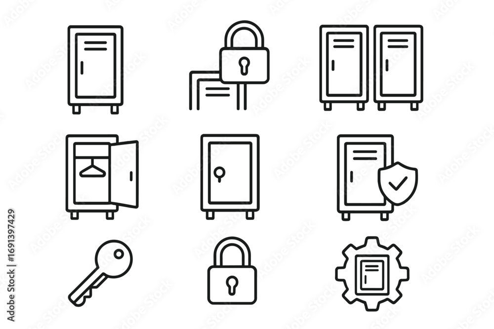 Poster locker security and storage line icon set. includes padlock, key, and safe deposit box symbols. for 