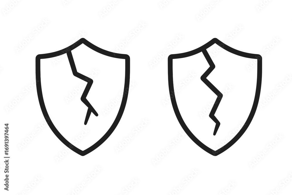 Poster cracked shield vector icon. concept of broken security, vulnerability, danger, and risk. unsafe and 