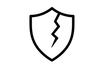 Broken shield icon vector. Cracked protection and safety symbol. Concept of vulnerability, insecurity, danger, and attack. Unsafe and unprotected sign. Data breach metaphor.